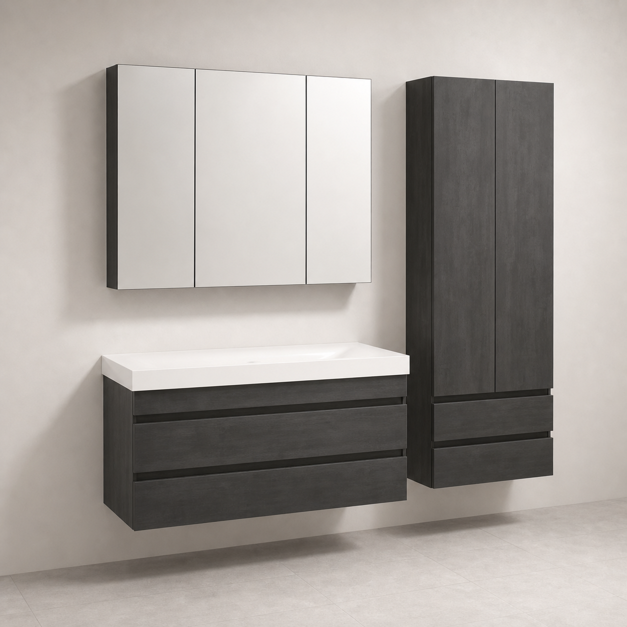 Kolpa San Naomi Set Delux 100cm Crna (Ormarić sa umivaonikom + Ogledalo/ormarić + Visoki ormarić)
