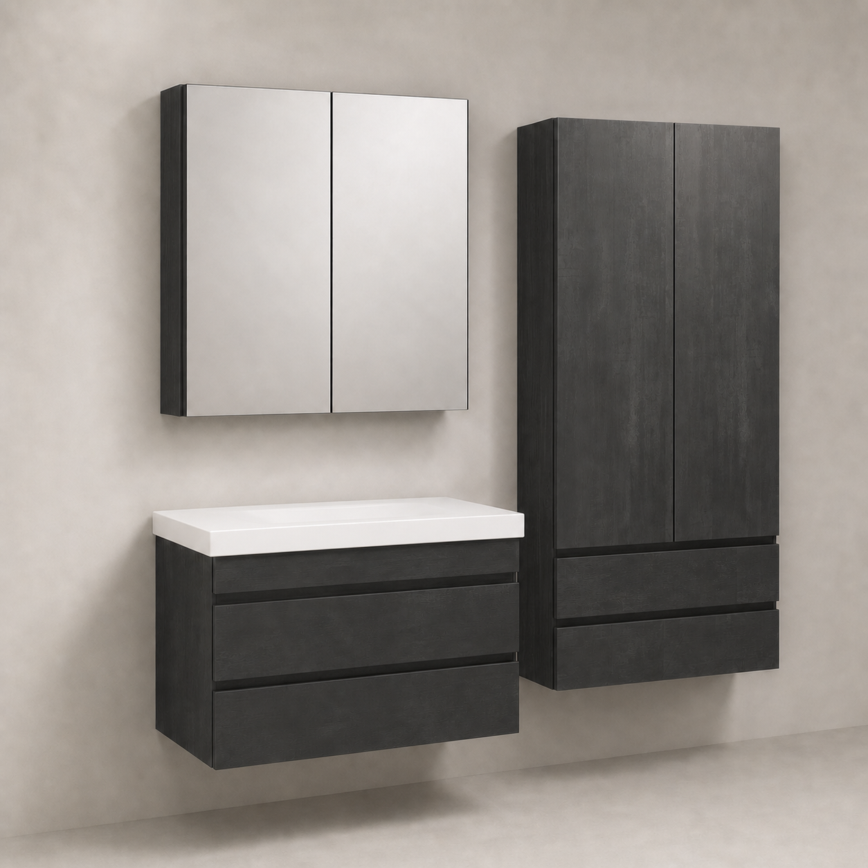 Kolpa San Naomi Set Delux 80cm Crna (Ormarić sa umivaonikom + Ogledalo/ormarić + Visoki ormarić)