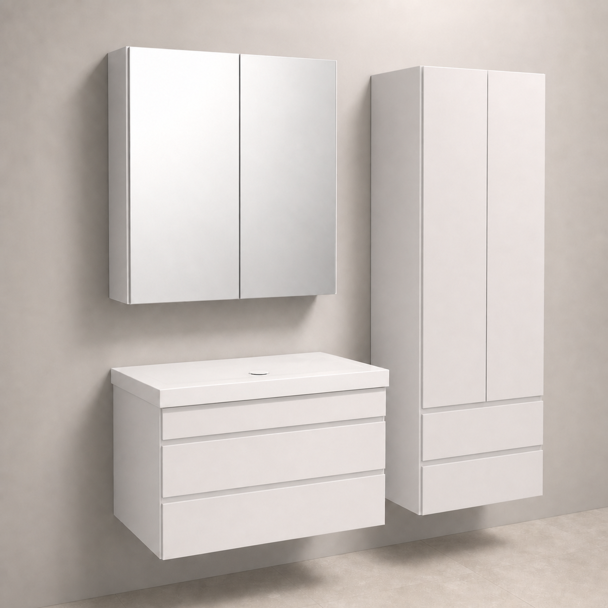 Kolpa San Naomi Set Delux 70cm Bela (Ormarić sa umivaonikom + Ogledalo/ormarić + Visoki ormarić)