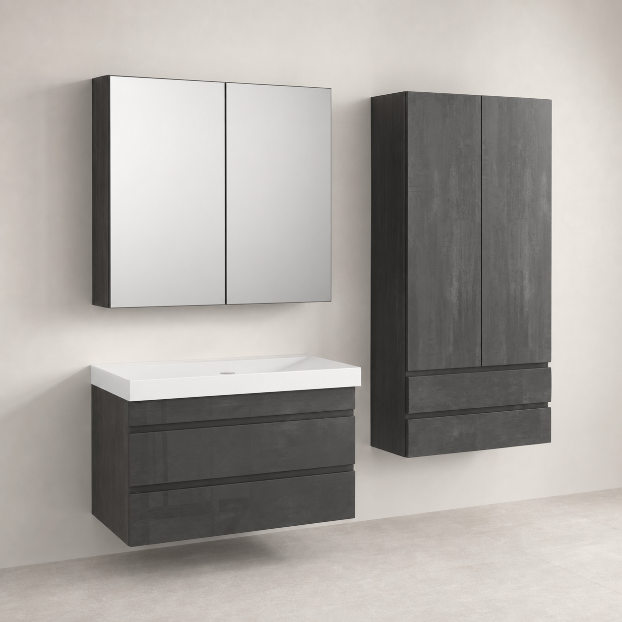 Kolpa San Naomi Set Delux 70cm Crna (Ormarić sa umivaonikom + Ogledalo/ormarić + Visoki ormarić)